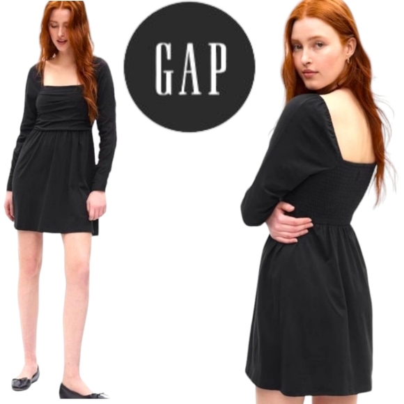 GAP Dresses & Skirts - GAP Women Ruched Mini Dress Black Jersey Long Sleeves Square Neckline Sz LG NWT